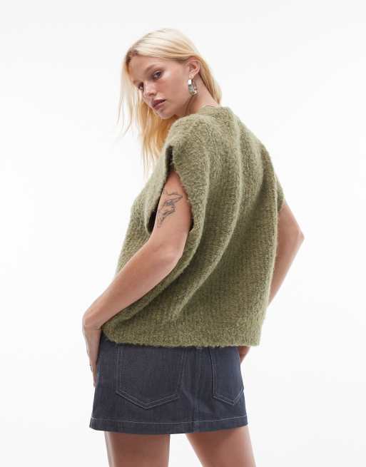 Topshop - Débardeur ras de cou décontracté en maille bouclée côtelée à épaules dénudées - Vert, 3 de 4