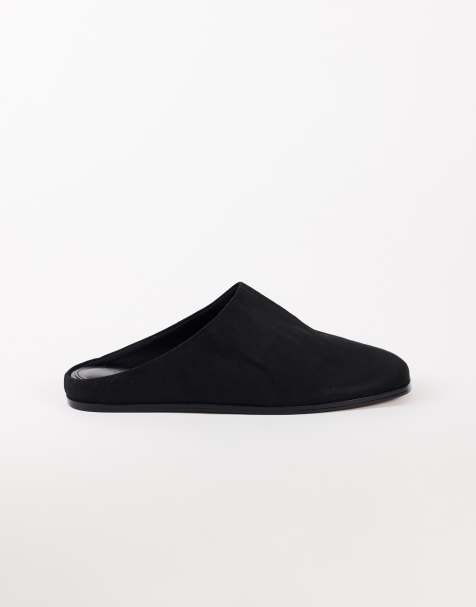 Topshop Debbie faux suede square toe flat shoe mule in black - view 1