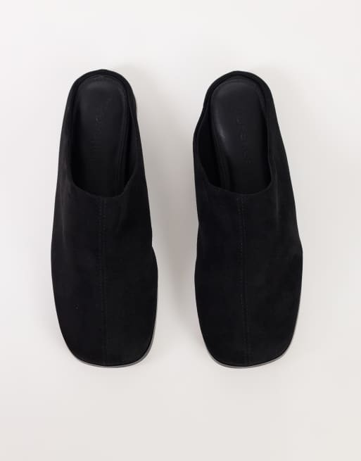 Topshop Debbie faux suede square toe flat shoe mule in black, 3 of 5