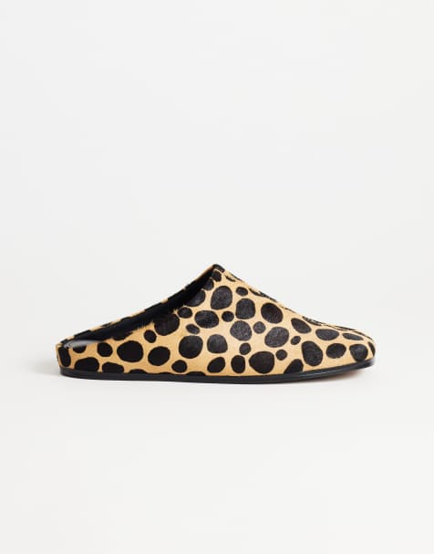 Topshop Debbie square toe flat shoe mule in leopard print  hair on real leather - view 1