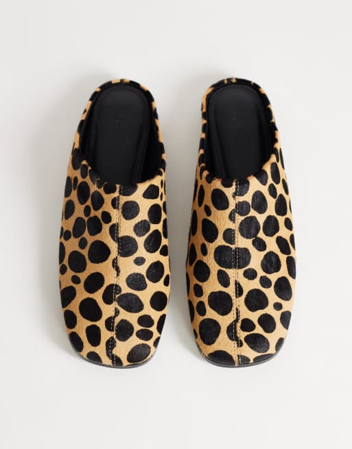 Topshop Debbie square toe flat shoe mule in leopard print  hair on real leather, 2 of 5