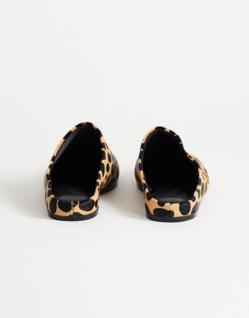 Topshop Debbie square toe flat shoe mule in leopard print  hair on real leather, 4 of 5