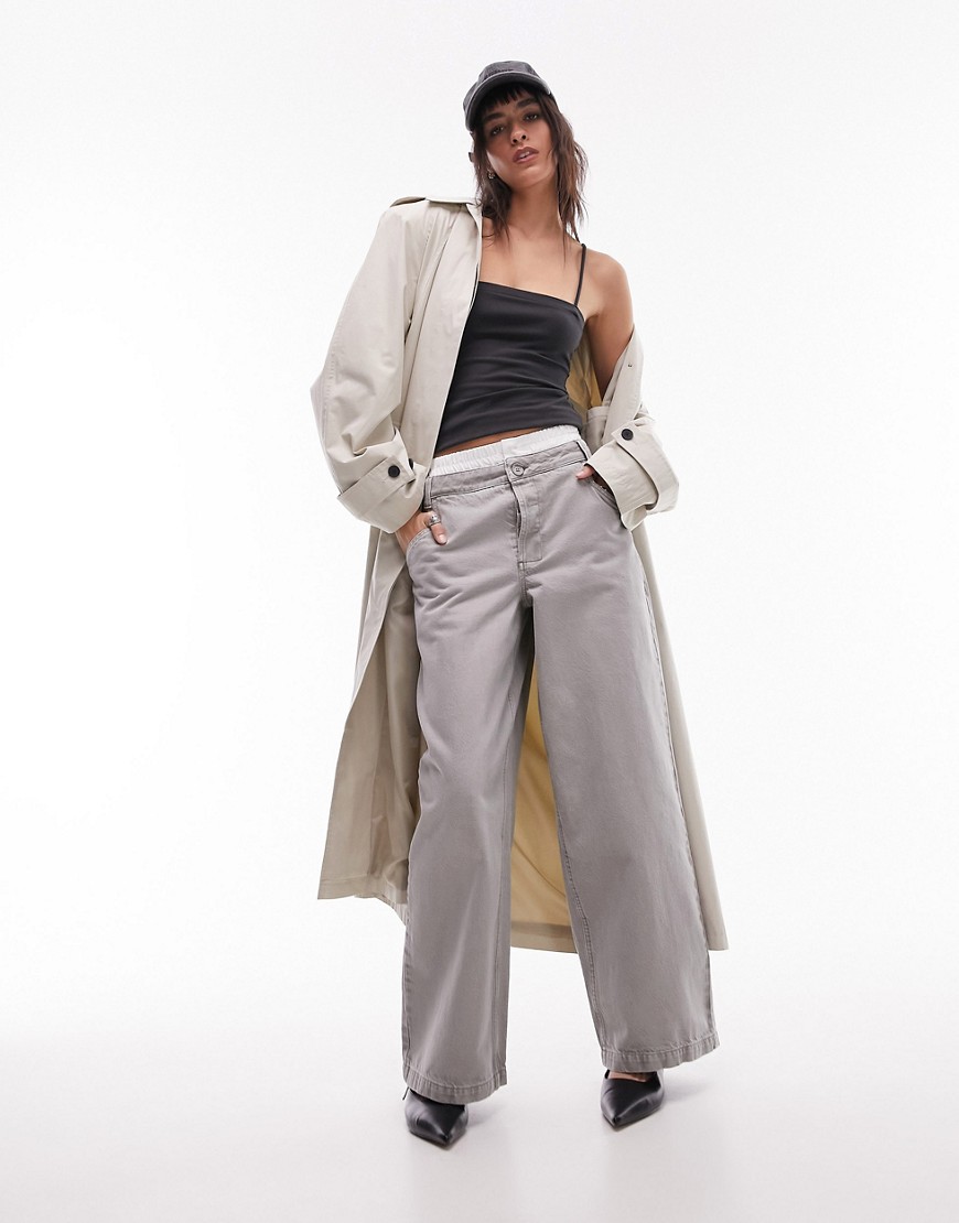 Topshop Deconstructed Boxer Short Insert Washed Wide Leg Pants In Gray