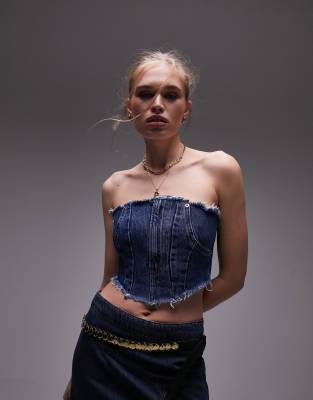 Topshop Denim Snap Corset In Mid Blue In Blue