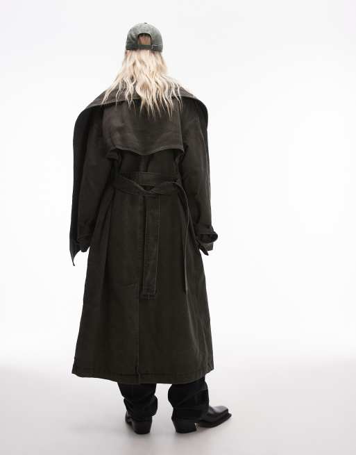 Topshop deconstructed cotton trench coat in washed green