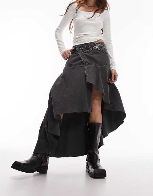 Topshop - Deconstructed denim rok met overslag in zwarte wassing 