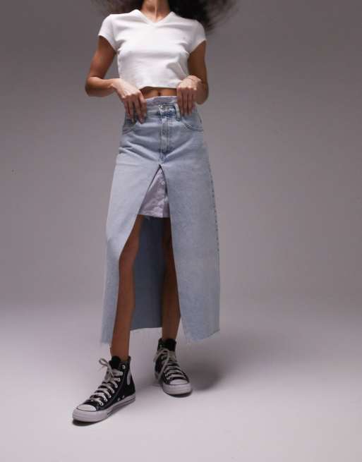 Topshop deconstructed denim skirt with poplin insert in bleach, 2 of 4
