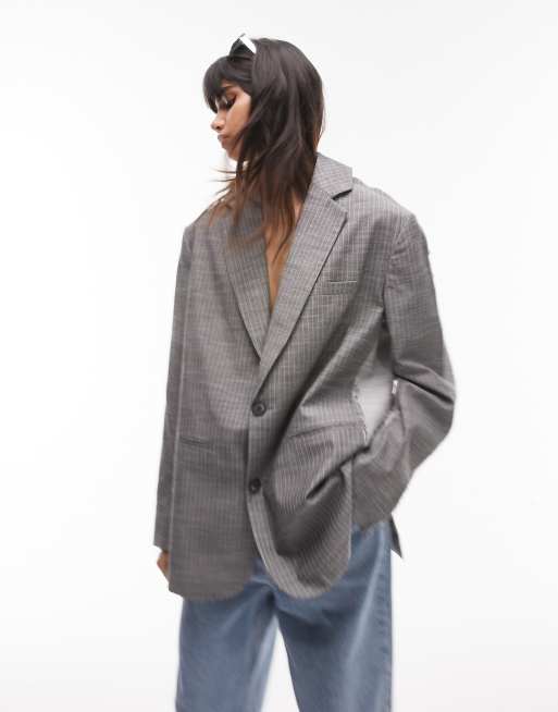 Topshop deconstructed raw hem pinstripe blazer in light and dark charcoal (part of a set)