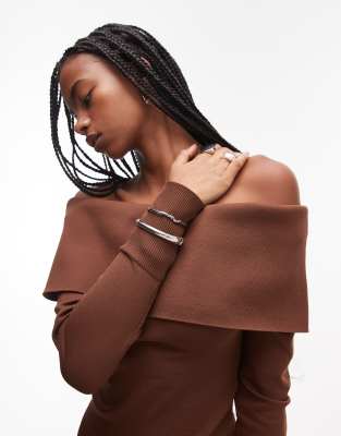 Topshop deep bardot knitted top in brown-White