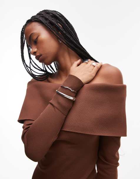 Topshop deep bardot knitted top in brown - view 1