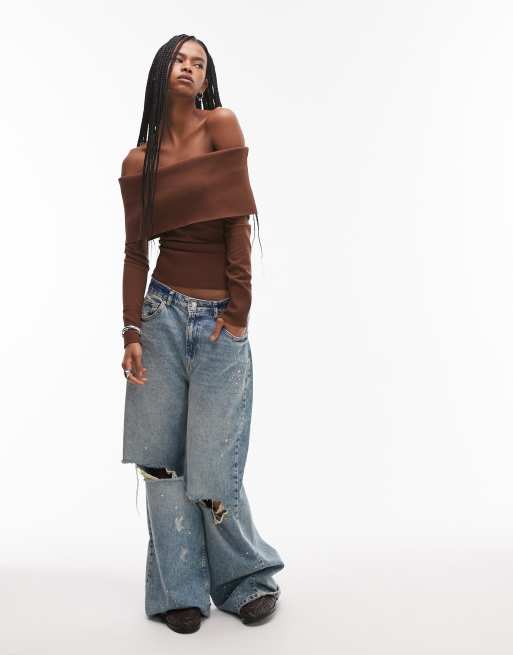 Topshop deep bardot knitted top in brown, 3 of 4