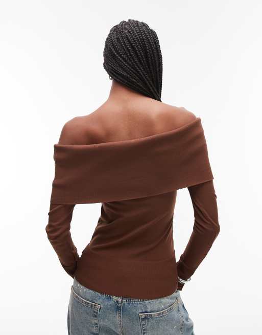 Topshop deep bardot knitted top in brown, 4 of 4