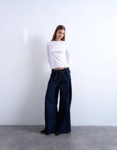 Deep pleated tie front jean in indigo