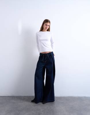 Topshop Deep Pleated Tie Front Jeans In Blue