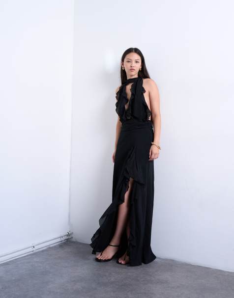 Topshop deep plunge ruffle maxi gown in black - view 1