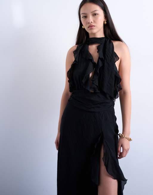 Topshop deep plunge ruffle maxi gown in black