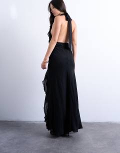 Model wearing Deep plunge ruffle maxi gown in black