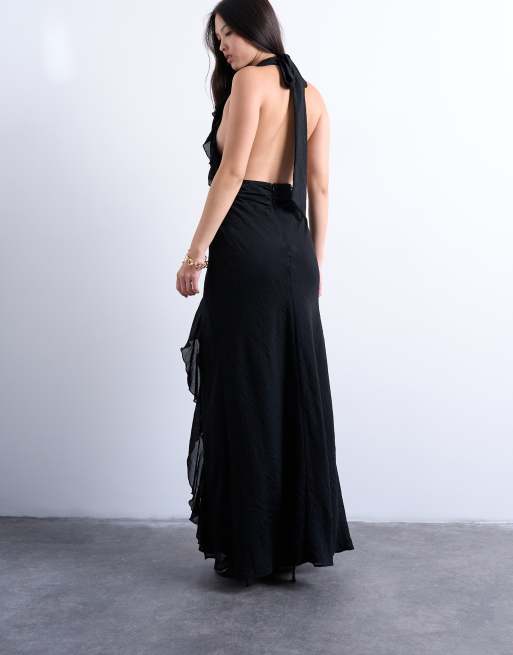 Topshop deep plunge ruffle maxi gown in black