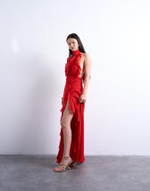 Topshop deep plunge ruffle maxi gown in red