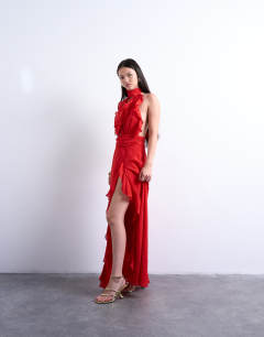 Deep plunge ruffle maxi gown in red
