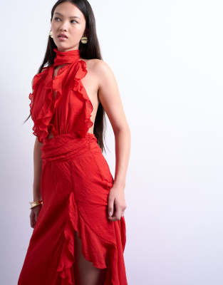 Topshop Deep Plunge Ruffle Maxi Gown In Red