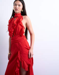 Model wearing Deep plunge ruffle maxi gown in red