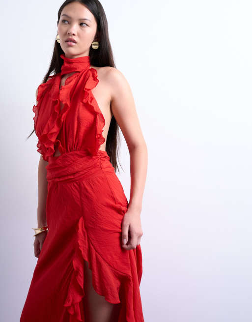 Topshop deep plunge ruffle maxi gown in red