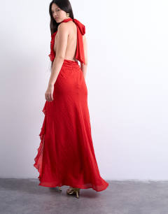 Model wearing Deep plunge ruffle maxi gown in red