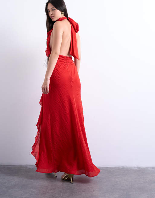 Topshop deep plunge ruffle maxi gown in red