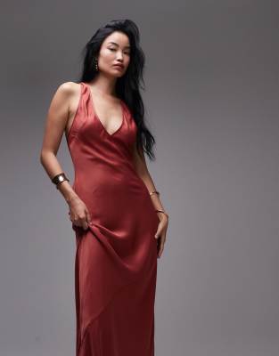 Topshop deep plunge satin maxi dress in rust-Brown