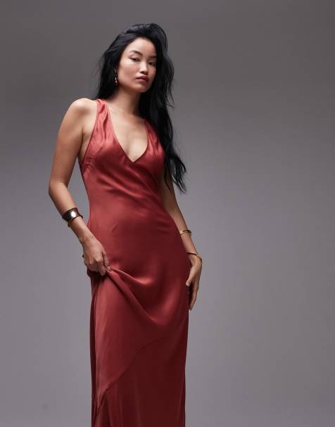 Topshop deep plunge satin maxi dress in rust - view 1