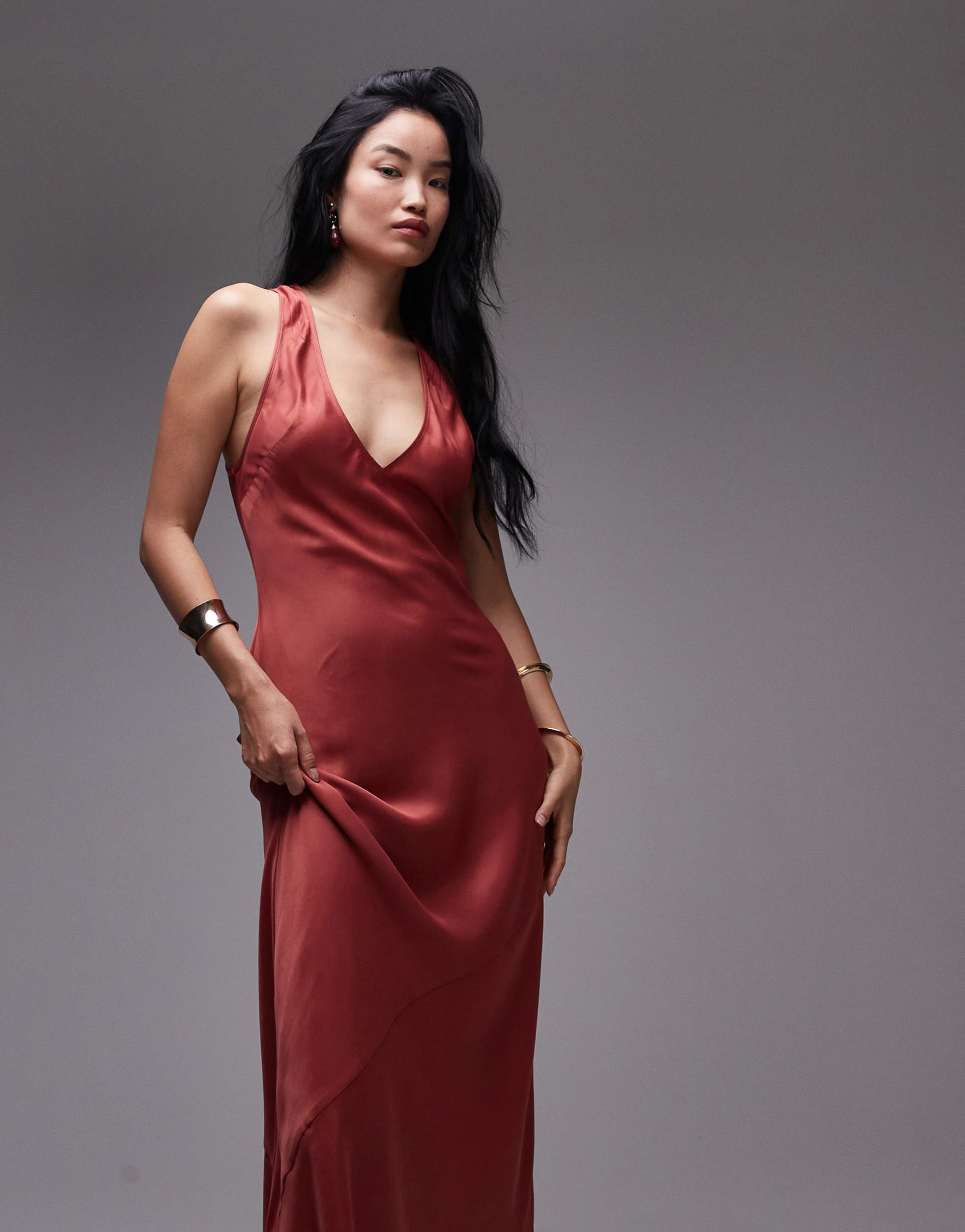 topshop deep plunge satin midaxi dress in rust