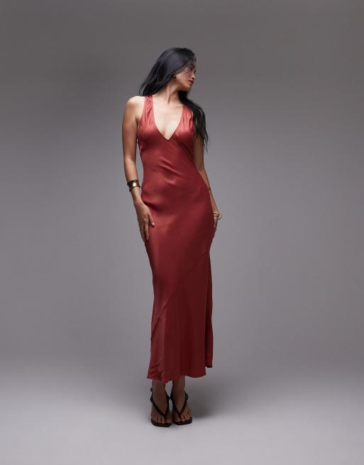 Topshop deep plunge satin midaxi dress in rust