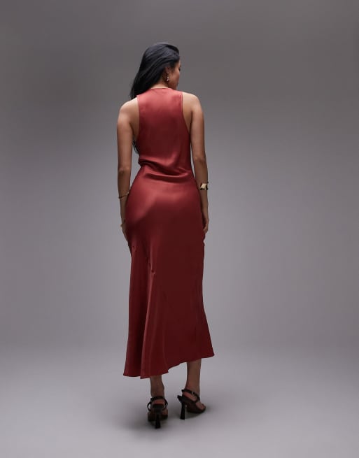 Topshop deep plunge satin midaxi dress in rust