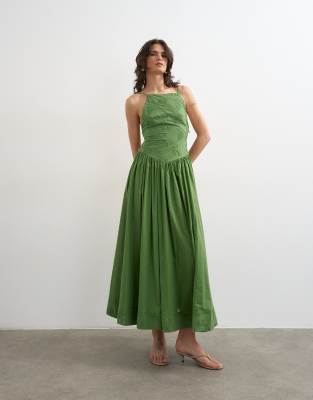 Deep v back strappy midi sundress with cording in green