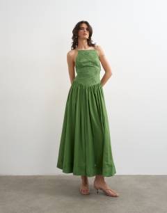 Deep v back strappy midi sundress with cording in green