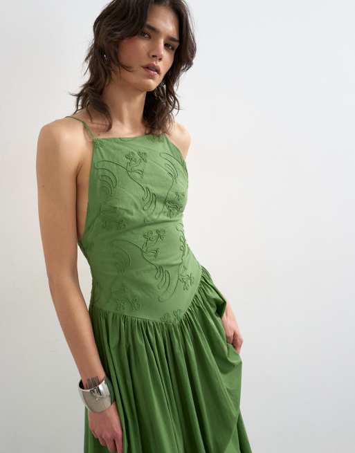 Topshop deep v back strappy midi sundress with cording in green, 2 of 4