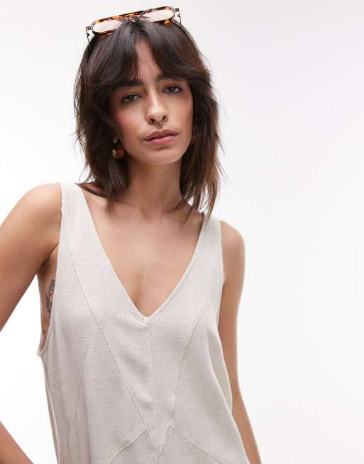 Topshop deep v chuck on linen playsuit in natural, 4 of 4