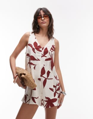 Topshop deep v chuck on linen playsuit in red leaf print - view 1