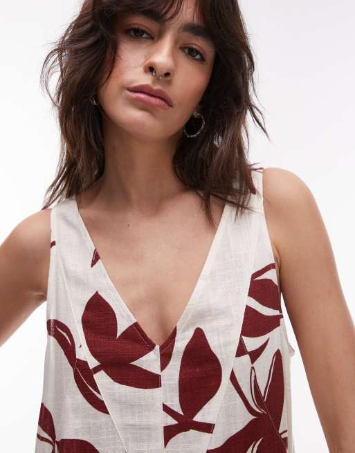 Topshop deep v chuck on linen playsuit in red leaf print, 2 of 4