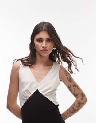Topshop Deep V Contrast Linen Midi Dress