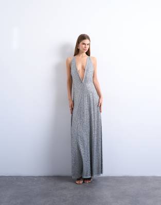Topshop Deep V Hot Fix Maxi Dress In Gray