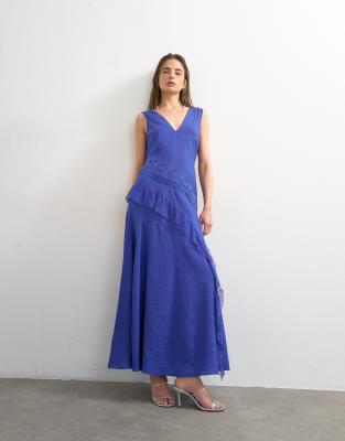 Topshop Deep V Lace Insert Maxi Dress In Blue