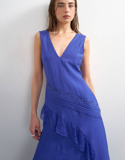 Topshop deep v lace insert maxi dress in cobalt, 2 of 4