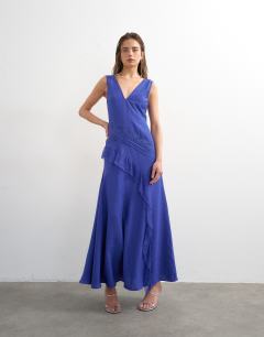 Model wearing Deep v lace insert maxi dress in cobalt