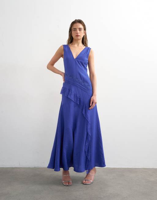 Topshop deep v lace insert maxi dress in cobalt, 4 of 4
