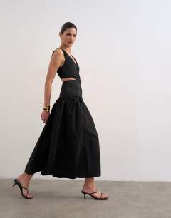 Deep v maxi pinny dress with heavy embroidery in black