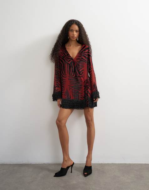 Topshop deep v mini wrap mini dress in red devore zebra with embellished fringed hem