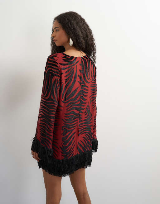 Topshop deep v mini wrap mini dress in red devore zebra with embellished fringed hem, 3 of 4