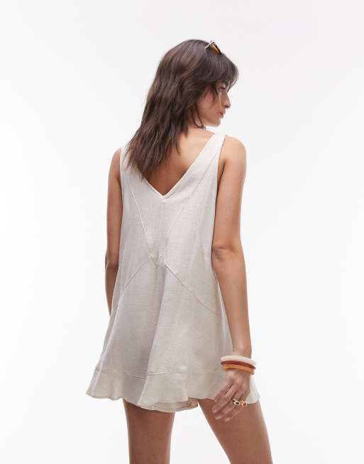 Topshop deep V-neck throw-on linen romper in natural, 3 of 4